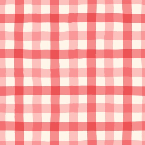 A red and pink gingham check pattern with soft, hand-drawn lines on a light beige background.