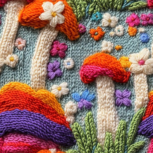 knitted rainbow colored mushrooms