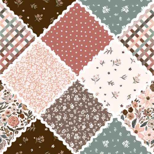 vintage cottage core rick rack patchwork with browns, peach, terra cotta, and sage green mix of patterns and florals