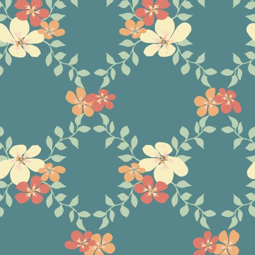 a garden trellis pattern with leaves and flowers in two colorways, autumn florals on dark teal, and pink florals on cream