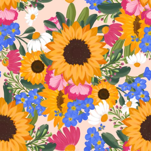 Hand painted sunflowers with pink and yellow floral accents 