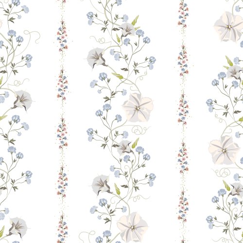 Trailing cornflowers and moon vine in a vertical stripe on a white background.