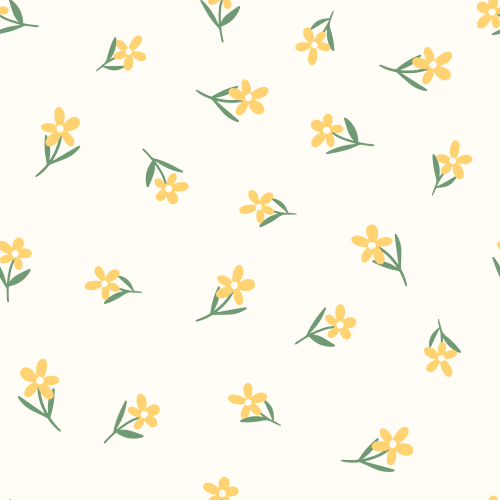Small yellow flowers with green leaves scattered on a cream background.