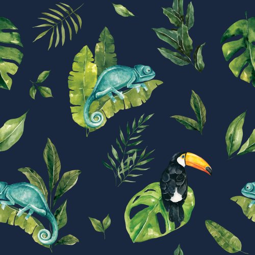 tropical leaves with chameleon and toucan