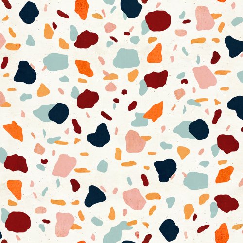 Terrazzo-style scatter of abstract space junk shapes across a soft sky background, a playful cosmic design.