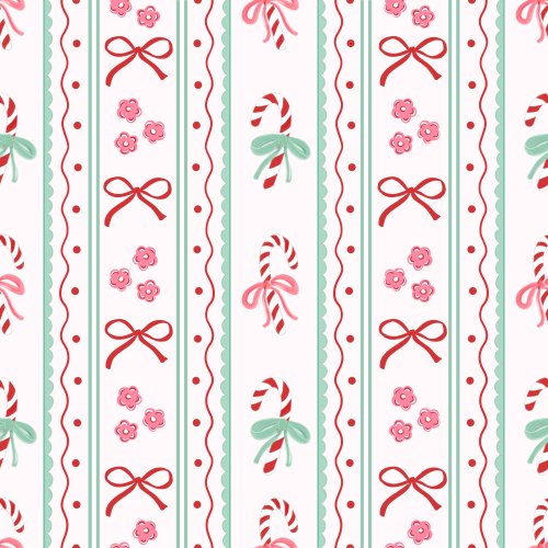 Vertical stripes with candy canes and bows in red, mint, and pink 
