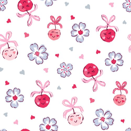 Cherry Berry Summer Kawaii Cherries with smiley faces and cherry blossom flowers