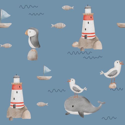 Nautical; Boats, lighthouse, seagull, whale and puffin, in steel blue.