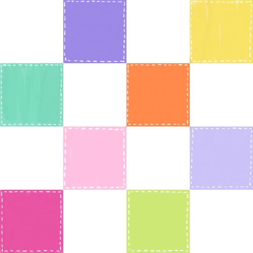 vibrant checker with pink turquoise yellow purple and lime green on white with hand drawn stitches around the squares