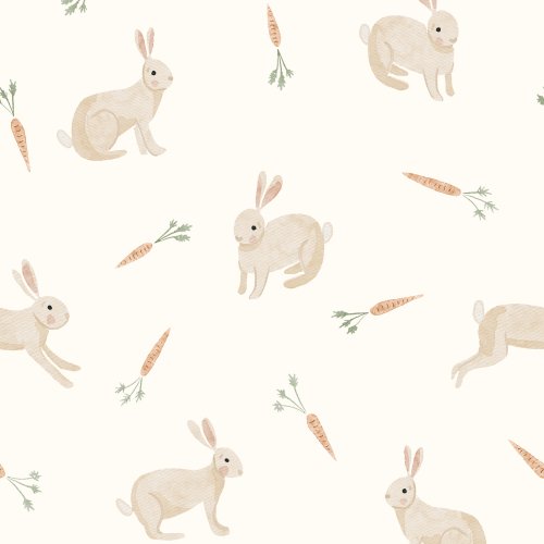 Simple watercolor bunnies and carrots on a simple background.