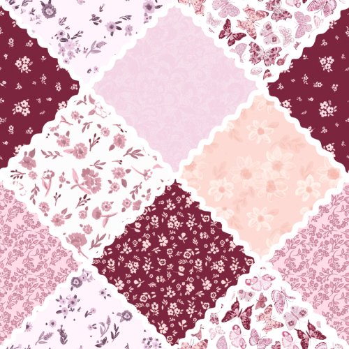 mix of floral prints in cranberry pink tones with butterflies added and rick rack detail