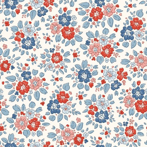 A charming tossed calico floral featuring clustered blossoms and leafy sprigs in poppy red, coral pink, blush, and denim/slate blue on a creamy off-white ground. 