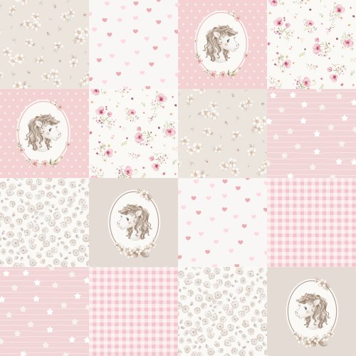 Hand drawn cheater quilt design with horses in blush pink.