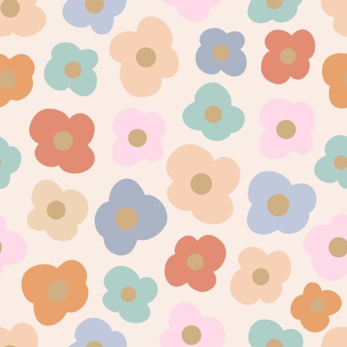 Spring flowers soft muted tones, pink, blue, orange, green