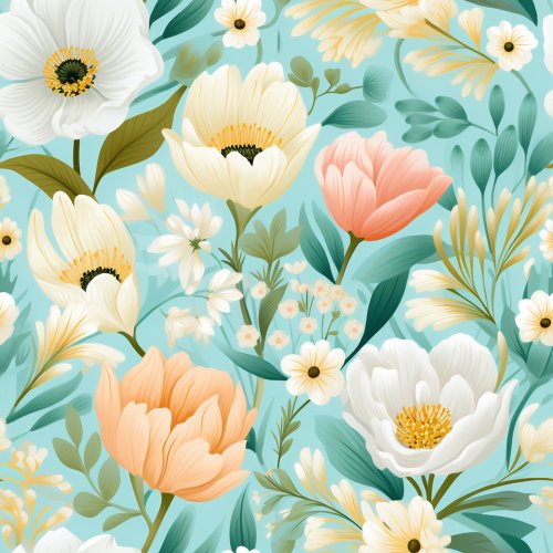 cream and peach floral on blue background