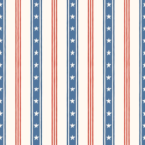 Crisp vertical stripes give this pattern a tailored, heritage look: wide navy bands filled with neat white stars alternate with thin barn-red double pinstripes on a warm ivory ground.