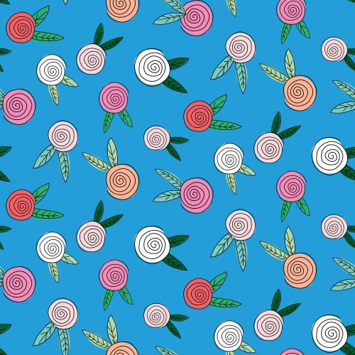 hand-drawn roses in shades of pink in a tossed pattern on a blue background