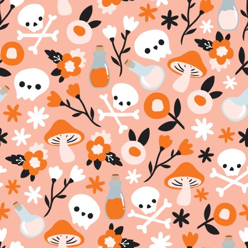 halloween design with skulls and mushrooms