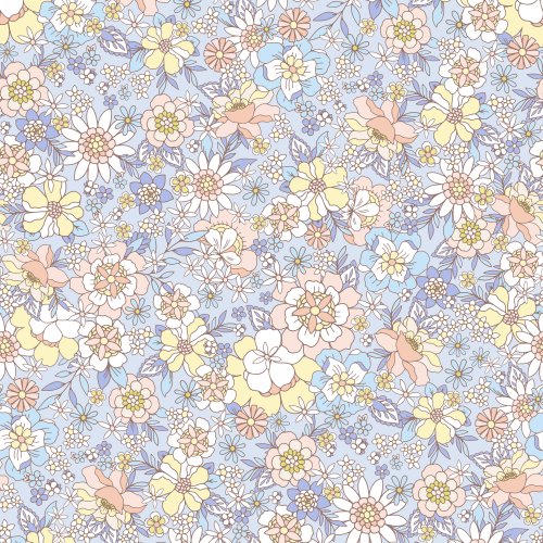 retro floral design with blue, peach and yellow flowers