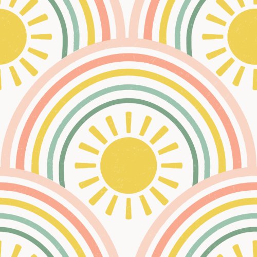 A cheerful repeating pattern of rainbows and smiling sun-inspired sunshine motifs in yellow, peach, coral and shades of green, with bold curved bands and textured hand-painted details on an off-white background.