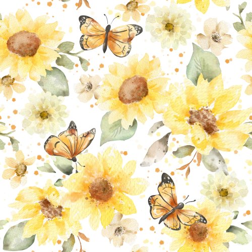 Hand painted watercolor pattern. Sunflower and butterflies.