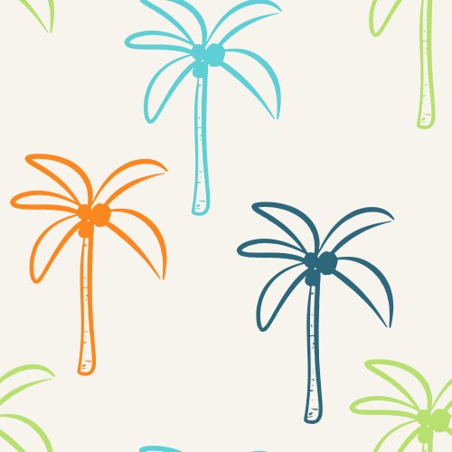 Bright green, orange, dark teal hand drawn palm trees