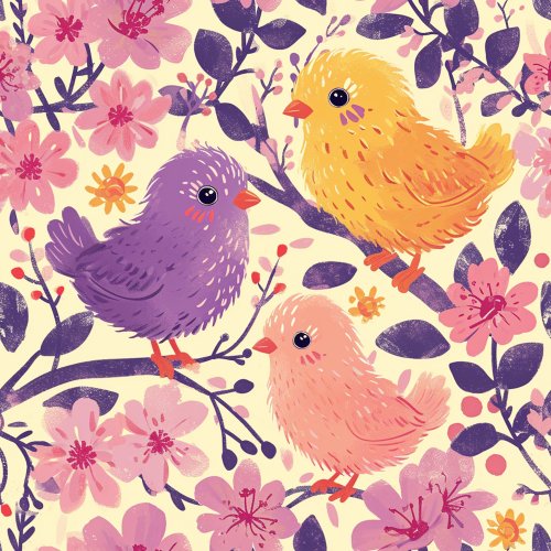 pink, purple and yellow spring birds