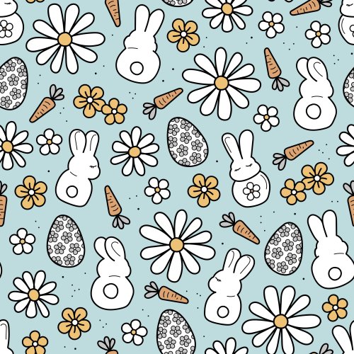 easter design with bunnies, carrots, flowers