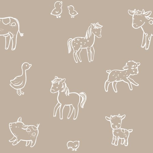 Lamb, chicks, horse, goat, cow and duck contour in taupe.