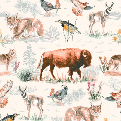 Fabric design celebrating Rocky Mountain high desert plants, animals, and birds including hand-painted American bison, coyote, meadowlark, red-tailed hawk, pronghorn antelope, and bobcat. The design is rendered in muted earth tones on a cream-colored background.