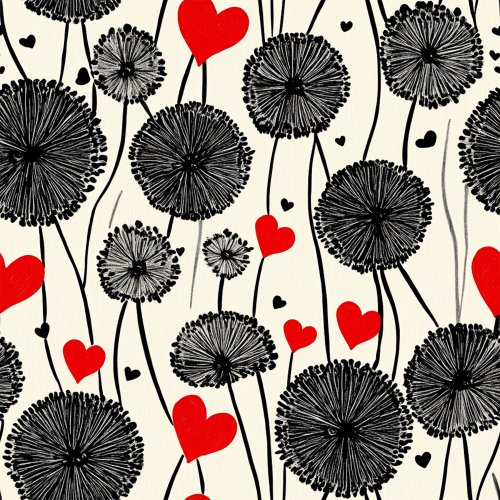 black and white dandelions and hearts