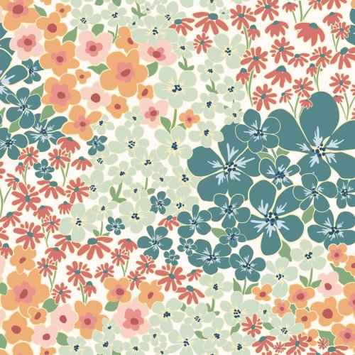 an all over mini floral pattern in two colorways, autumn shades of teal, mint, orange and rust, and spring palette of pinks, blues and yellows