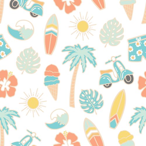 summer design with waves, palm trees, surf board