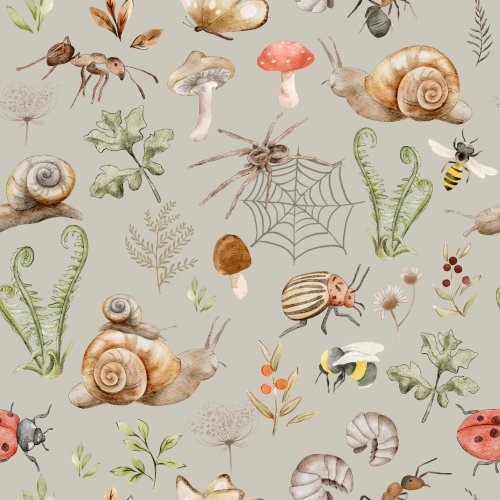 Hand drawn insects and snails pattern. Forest ground.