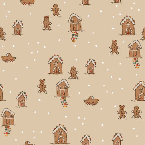 Gingerbread Village by Tylee + Art. Hand drawn gingerbread people and houses on a pink or nutmeg background.