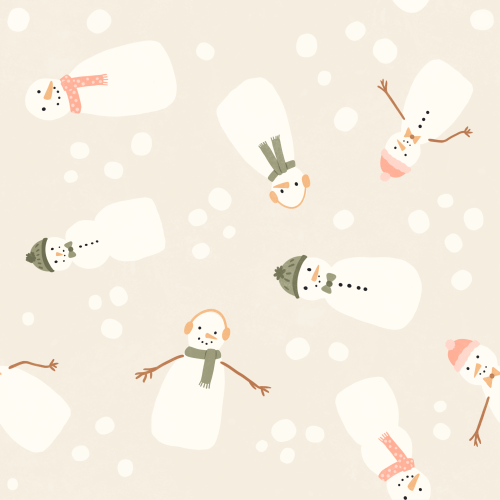 Pattern with snowmen wearing pink hats, green scarves, and earmuffs scattered among white snow dots on a pale beige background.