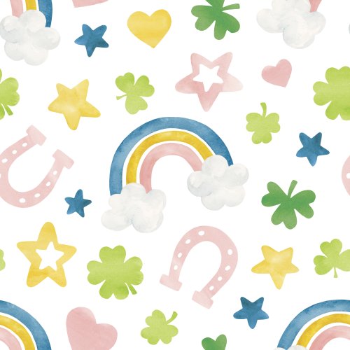 st patricks day design with rainbows, stars, shamrocks, horse shoes