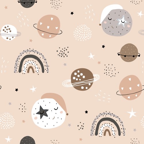 planets and rainbows on peach pink background