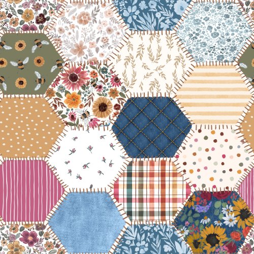 florals and denim textures in a hexagonal stitched cheater quilt design