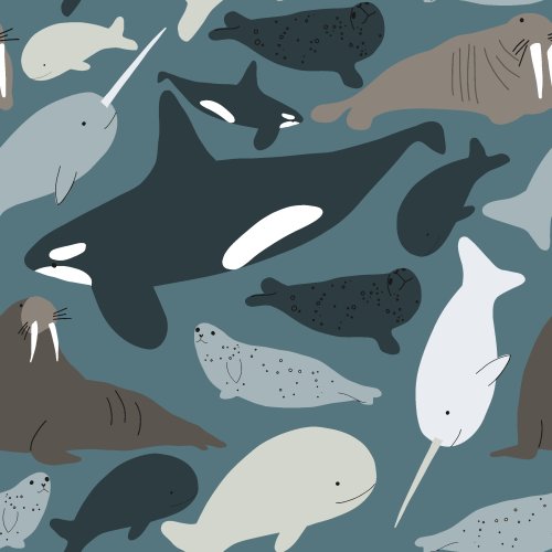 An arctic animal pattern full of ocean and marine animals like whales, narwhals, seals, and walrus.