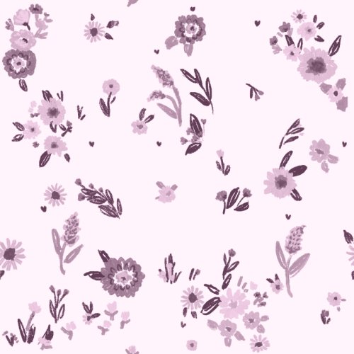 scattered whimsical flowers on a lilac purple background