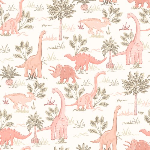 Boho Dinosaur Safari - Girly pink dinosaurs and sage green palm trees in toile style design on soft cream