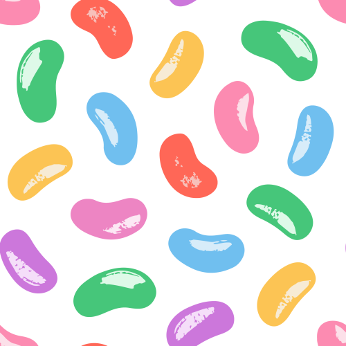 Green, yellow, purple, blue, pink, coral jelly beans on white