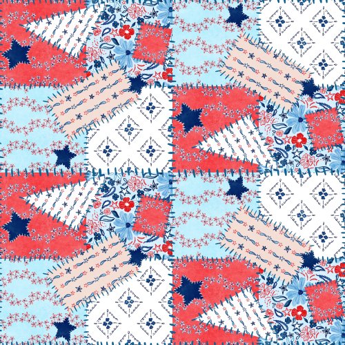 A crazy quilt design with red white and blue patriotic prints hand drawn with stiches like patchwork