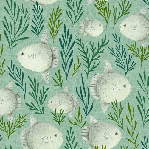 Sunfish gliding among flowing seaweed fronds, an underwater scene with a soft ocean feel.