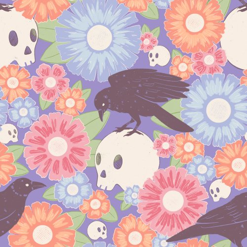 Crows standing on top of halloween skulls surrounded by retro flowers