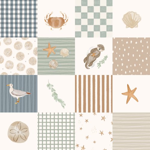 Checker cheater quilt design with sea otters and ocean life in a muted blue, green and cream palette.