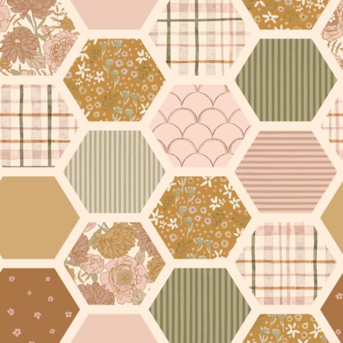 A hexagon cheater quilt with florals, stripes, plaids and solids in a feminine fall palette.