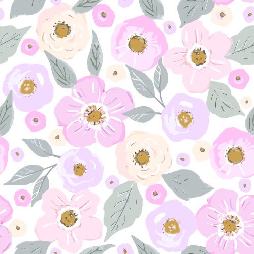 Spring fabric design with purple and cream flowers