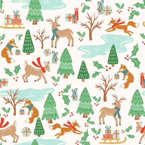 Seamless Christmas woodland pattern featuring foxes, deer, fir trees, holly, wrapped presents, sleds and snowy ponds in a cheerful festive palette.